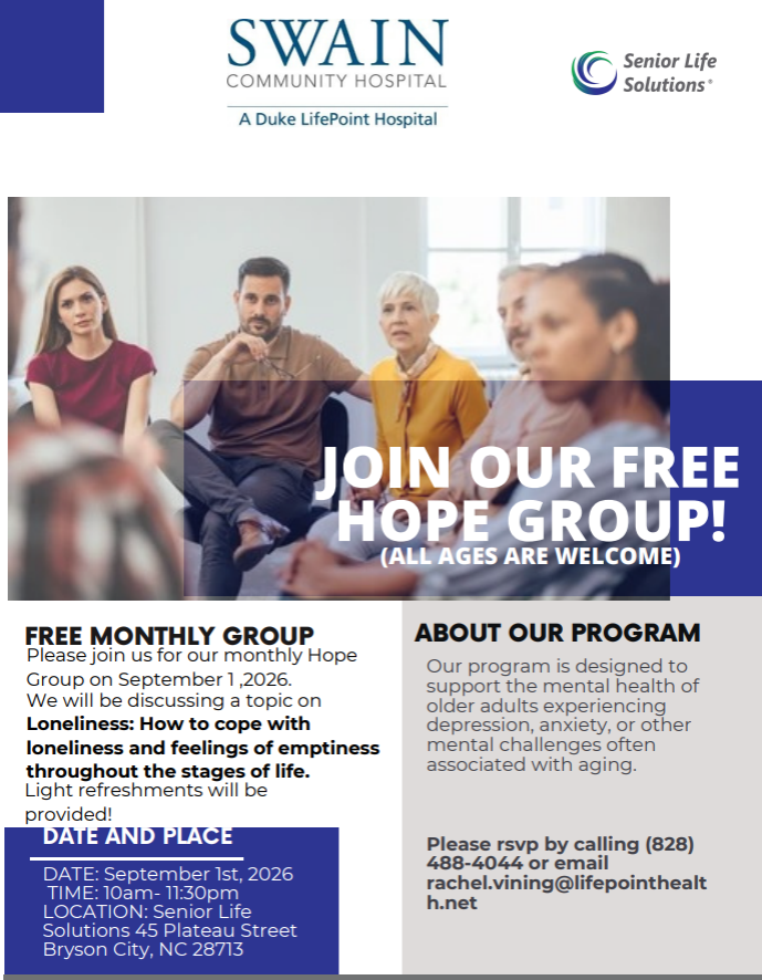 Swain Community Hospital Hope Group to Focus on Coping with Loneliness and Feelings of Emptiness