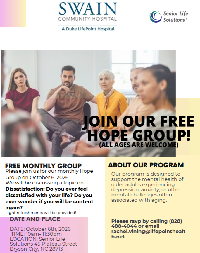 Swain Community Hospital Hope Group to Focus on Finding Contentment Through Life’s Challenges